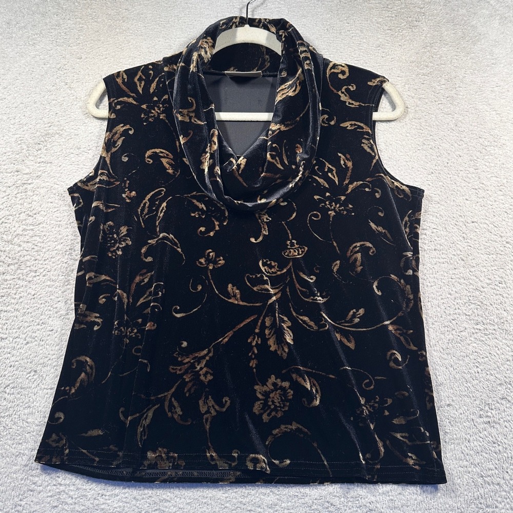 Vintage Kathie Lee‎ Collection Black Velvet Floral Sleeveless Cowl Neck Top